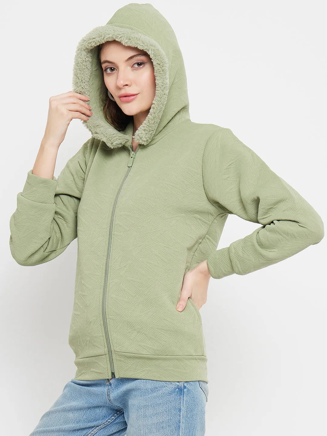 Madame Faux Fur Hood Applpe Green Sweatshirt winter warmth good for weekends