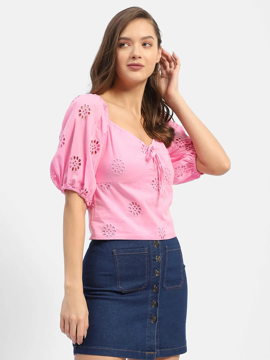 Professional Wear Madame Sweetheart Neck Pink Schiffli Top