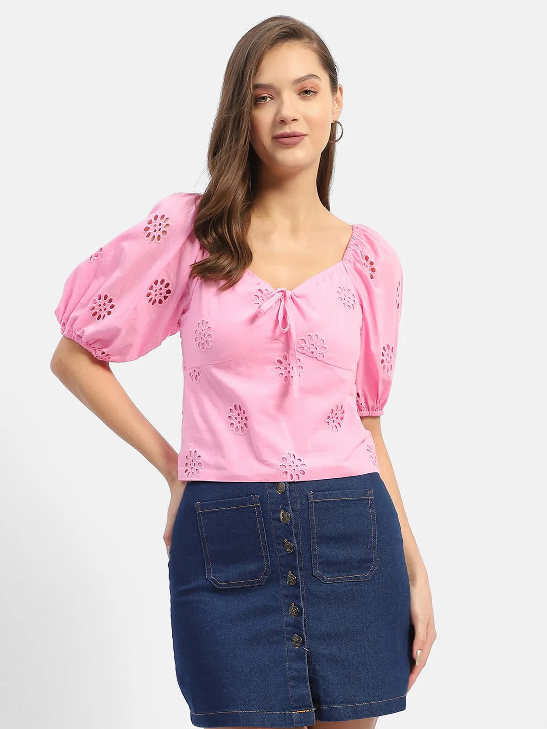 Beach Ready Madame Sweetheart Neck Pink Schiffli Top