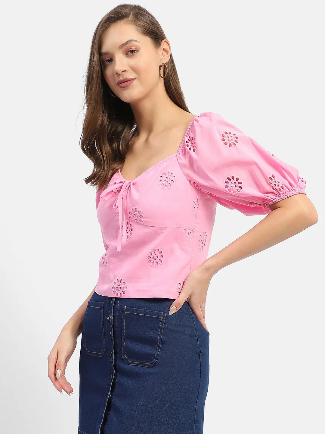 AntimicrobialTreatment Madame Sweetheart Neck Pink Schiffli Top