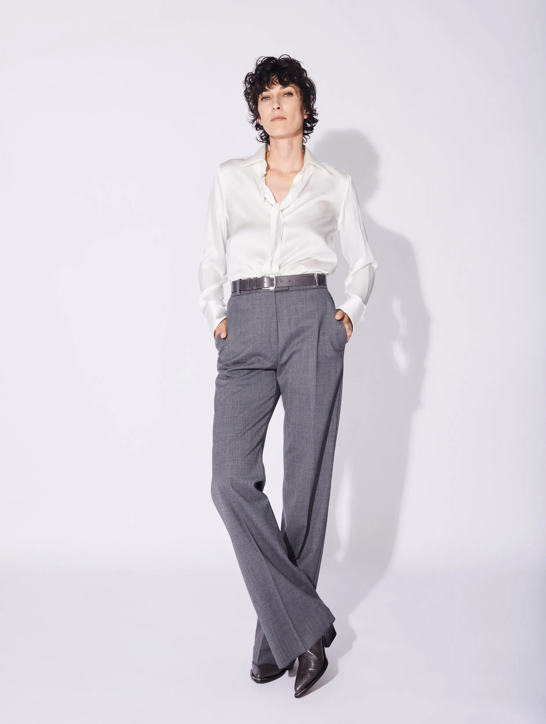 Grey gabardine wide-leg suit trousers Quick Adjust Fit