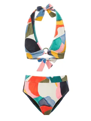Erin Top   Hi Waist Hi Leg Bottom in Carta Colorblock Ergonomic Contour Design