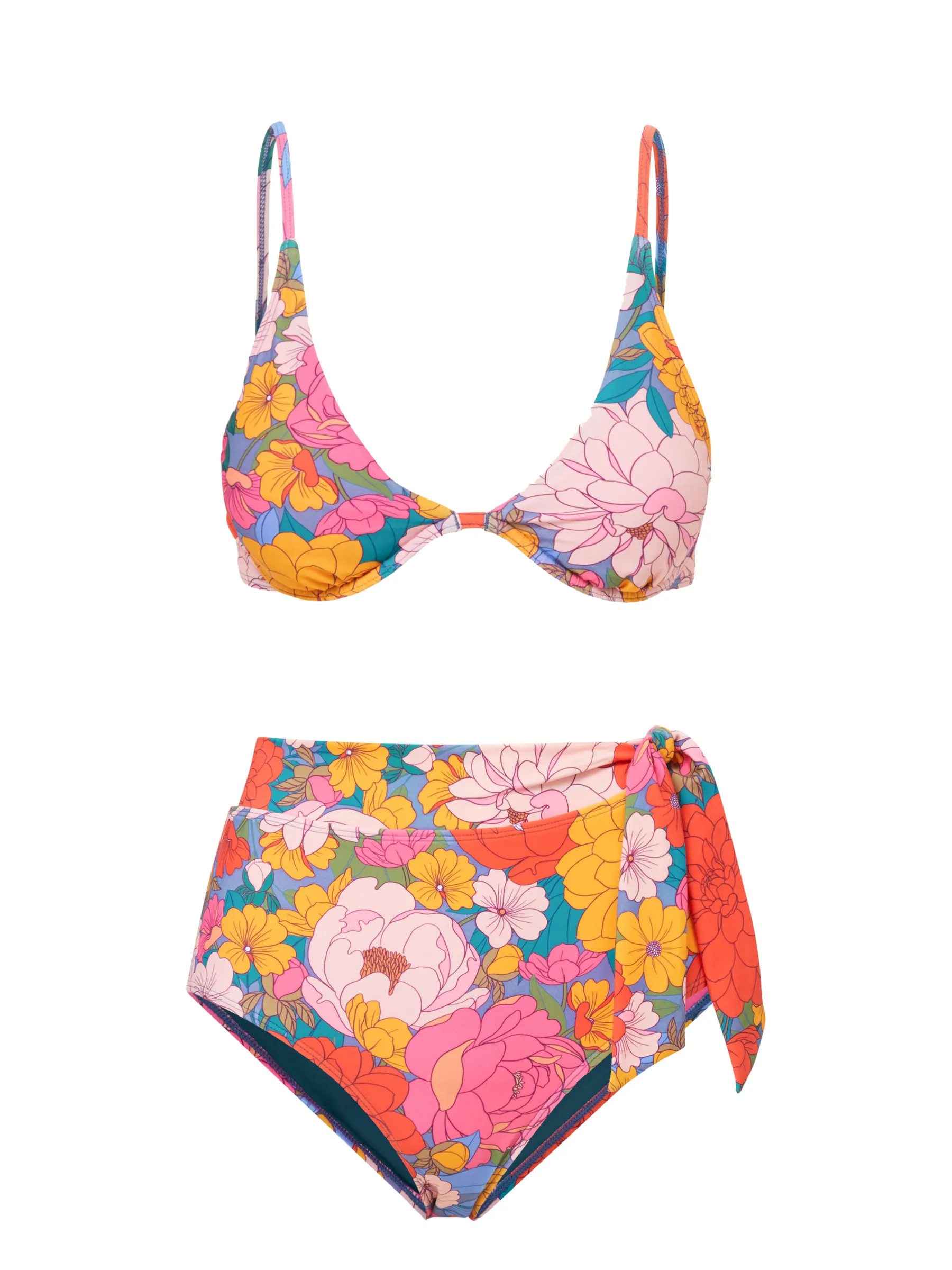 Leah Top   Side Tie High Waist Bottom in Zinnia Fields Racerback Support System Non Irritating Tags