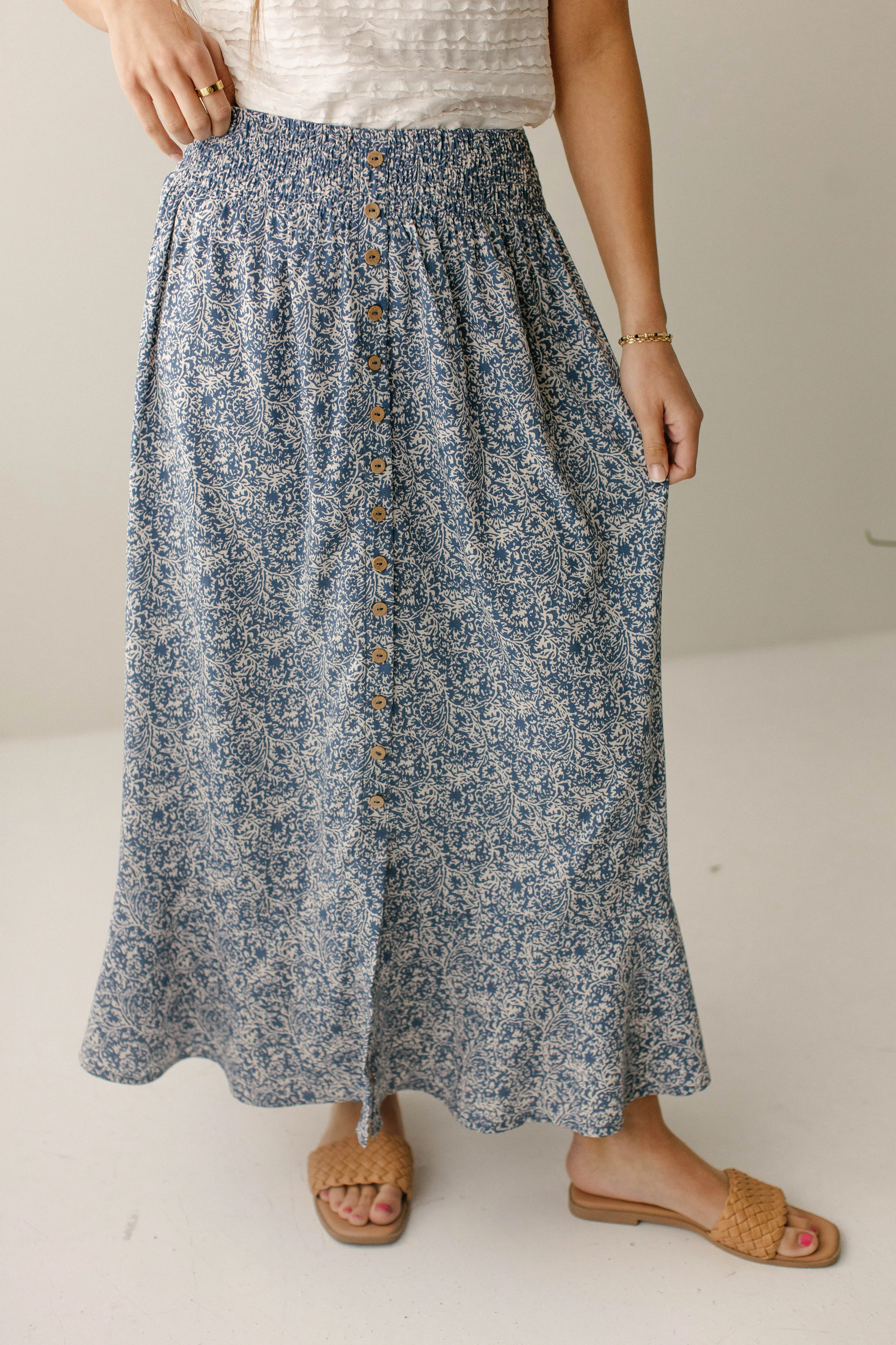 Cozy Edge Classic Mood 'Shauna' Smocked Waist Floral Print Maxi Skirt in Blue