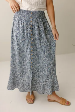 Cozy Edge Classic Mood 'Shauna' Smocked Waist Floral Print Maxi Skirt in Blue