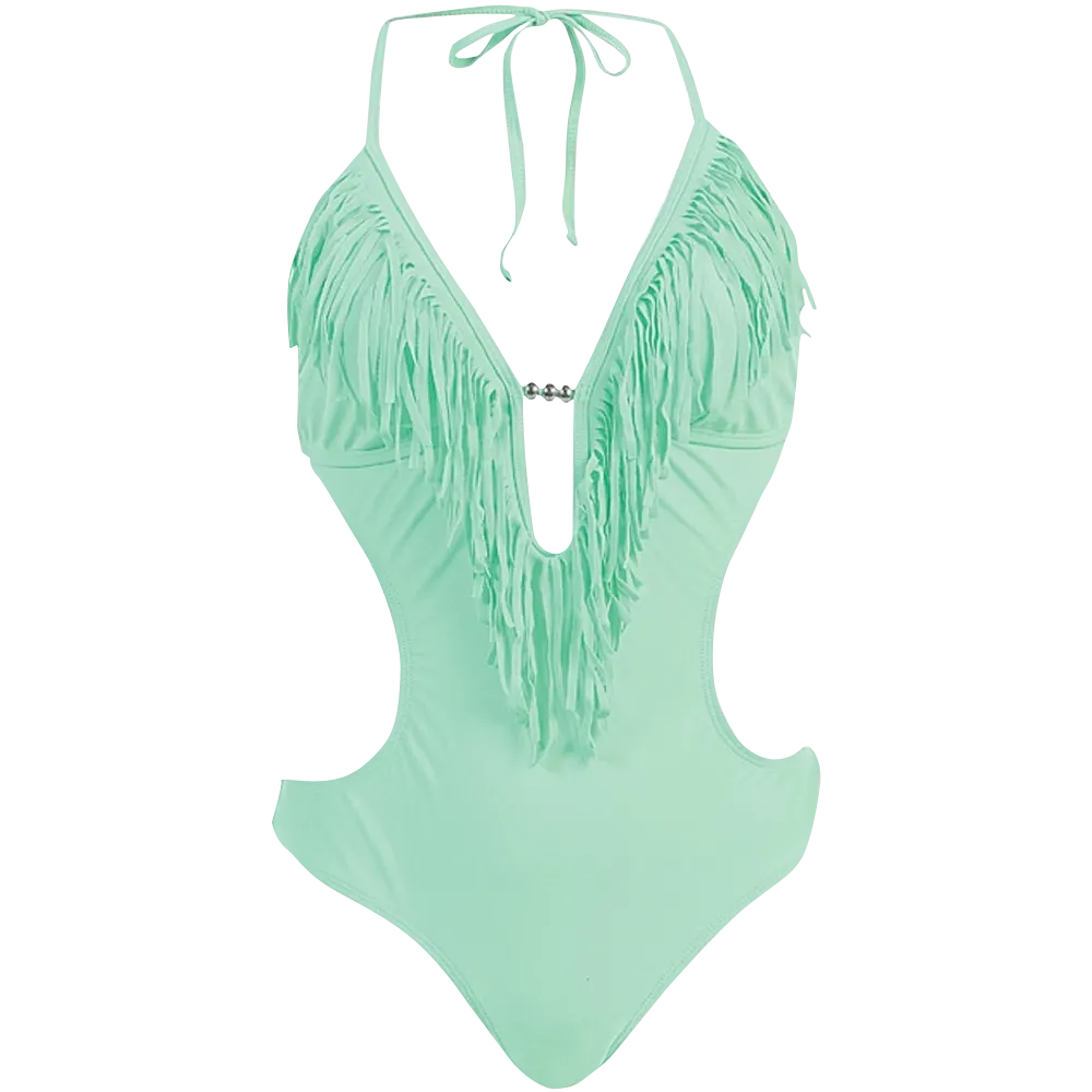 Marina West Women's Fringed Plunge Monokini Swimsuit DoubleLayered Structure
