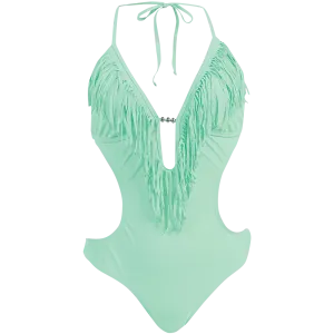 Marina West Women's Fringed Plunge Monokini Swimsuit DoubleLayered Structure