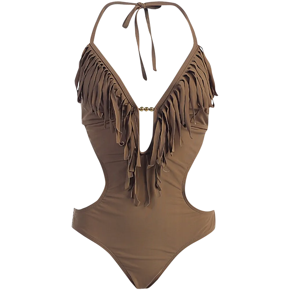 Marina West Women's Fringed Plunge Monokini Swimsuit Gentle Breeze Chill Fit