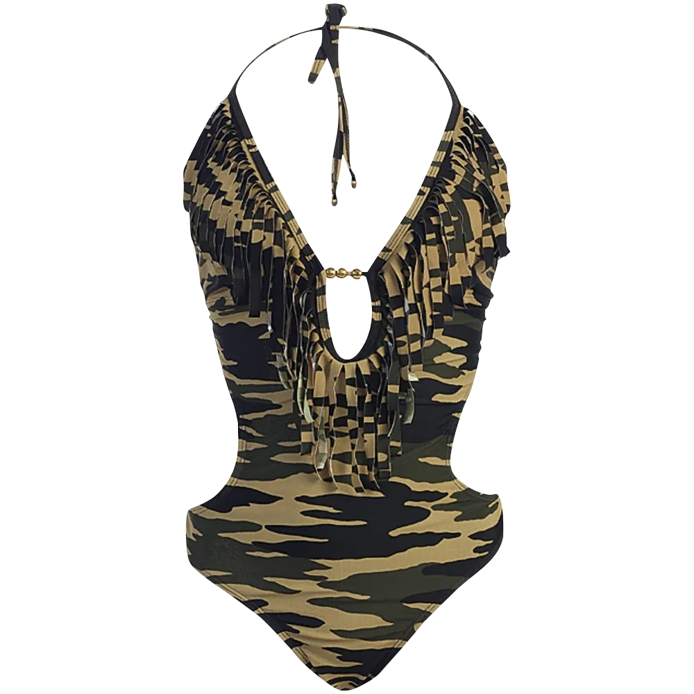 Marina West Women's Fringed Plunge Monokini Swimsuit ChafeResistant Seams