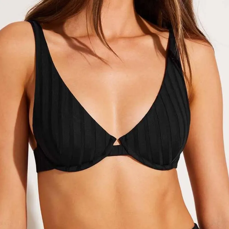 Double Layered Cups Rossi Halter Underwire Top - Black SuperRib