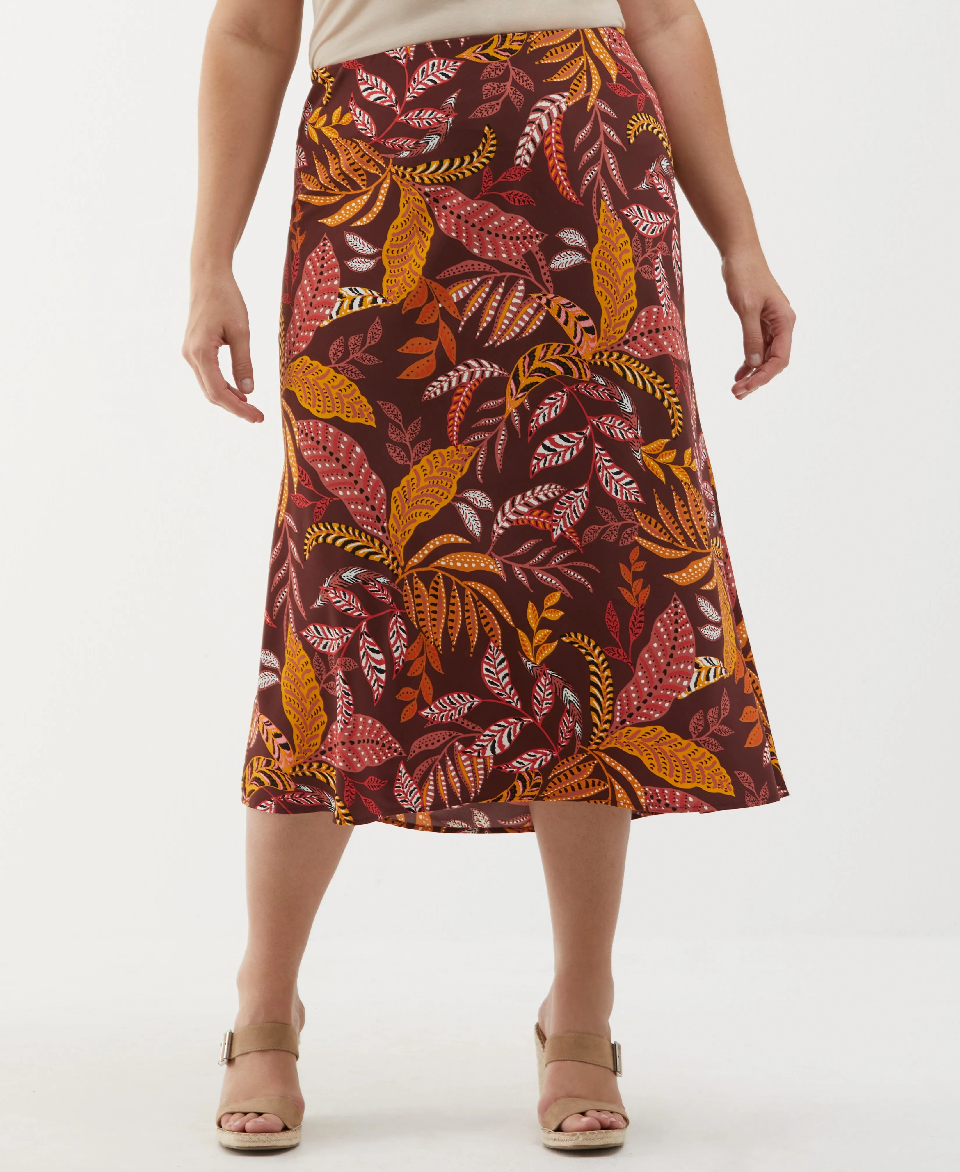Plus Size Leaf Print Shine Midi Bias Skirt Semi Sheer Unisex style