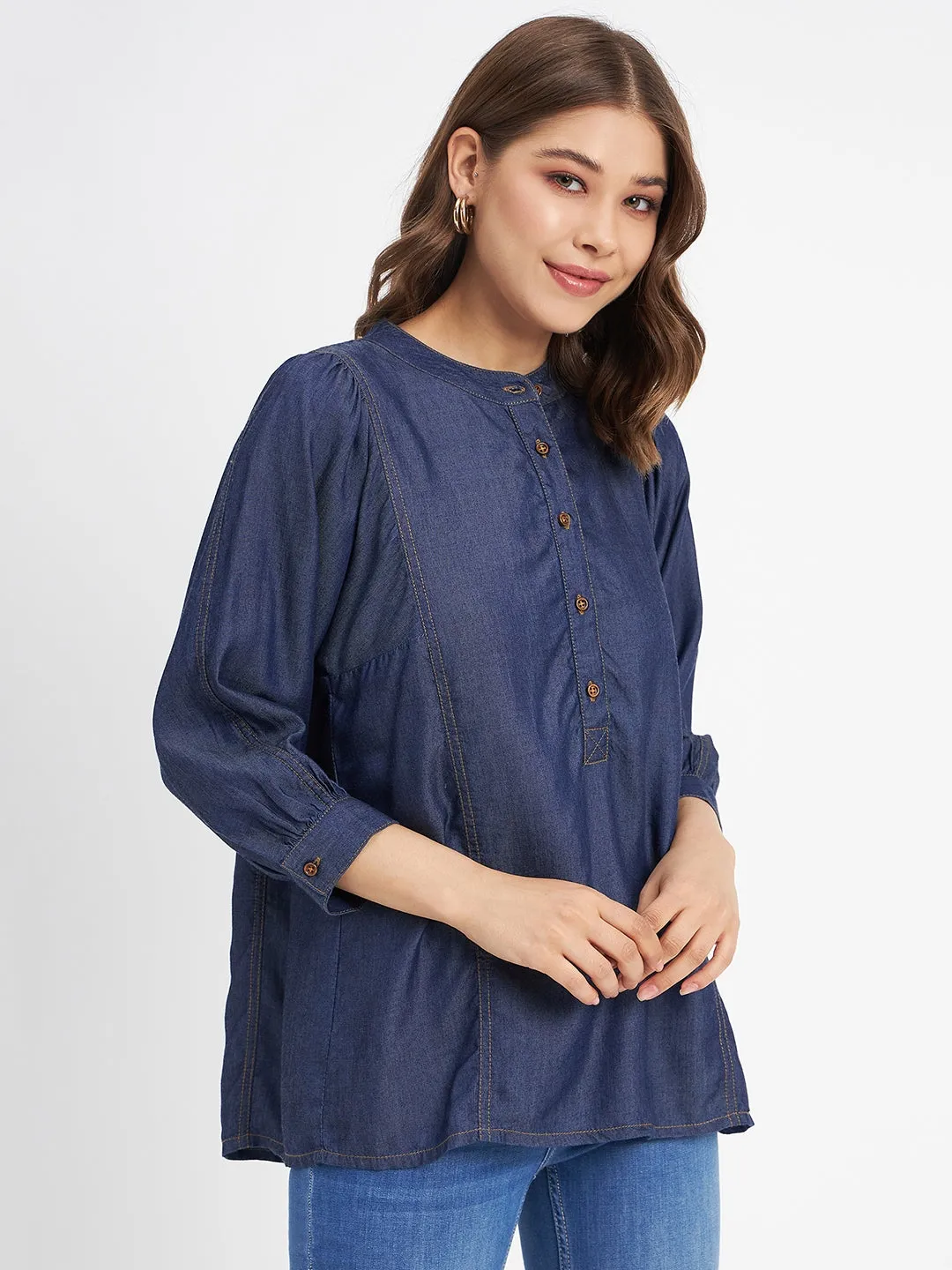 Suede Mood Madame Button-Down Front Solid Dark Navy Cotton Top