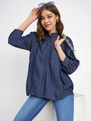 Fashion Layers Late Breeze Madame Button-Down Front Solid Dark Navy Cotton Top