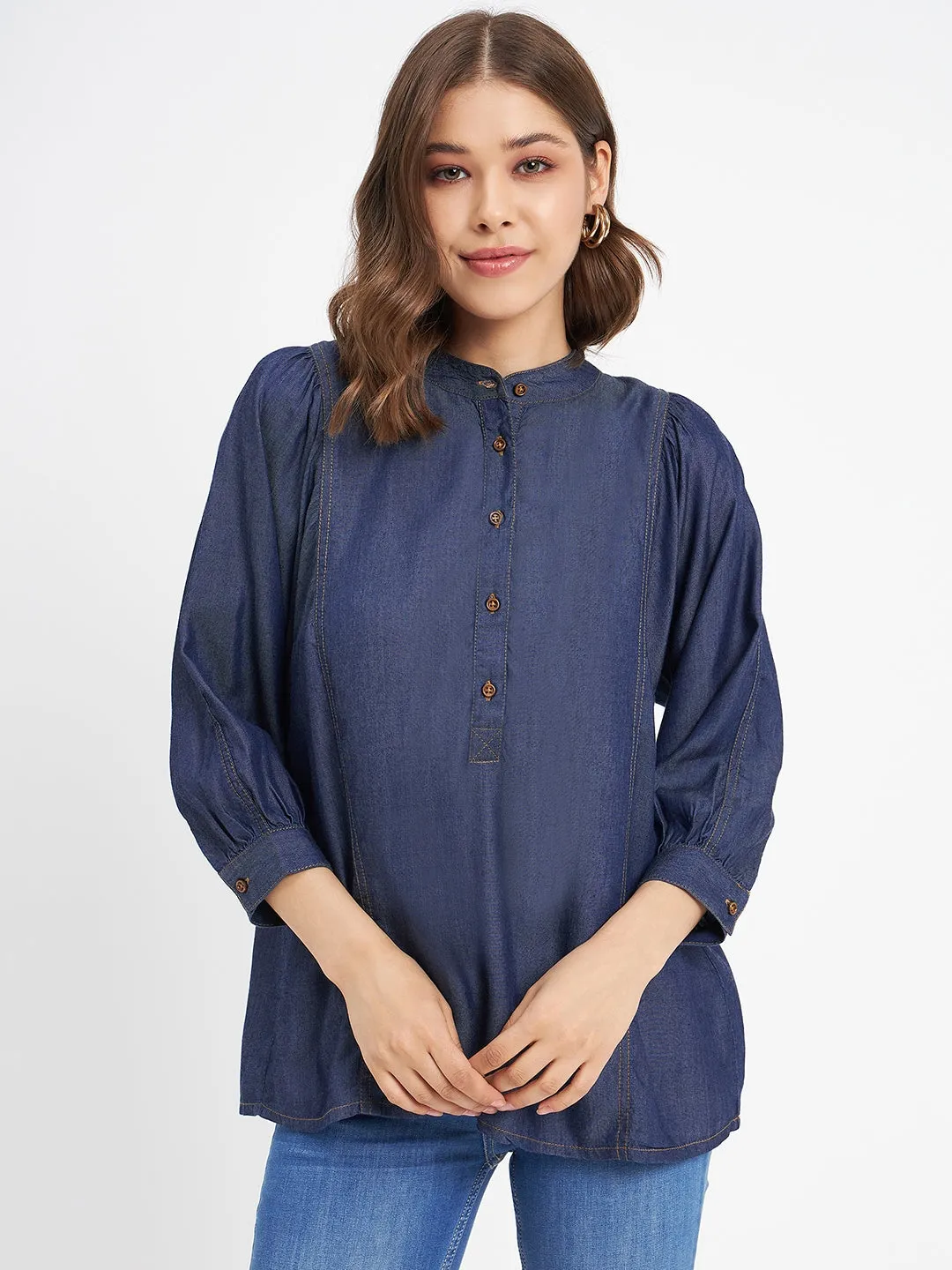 Madame Button-Down Front Solid Dark Navy Cotton Top NonChafingEdges