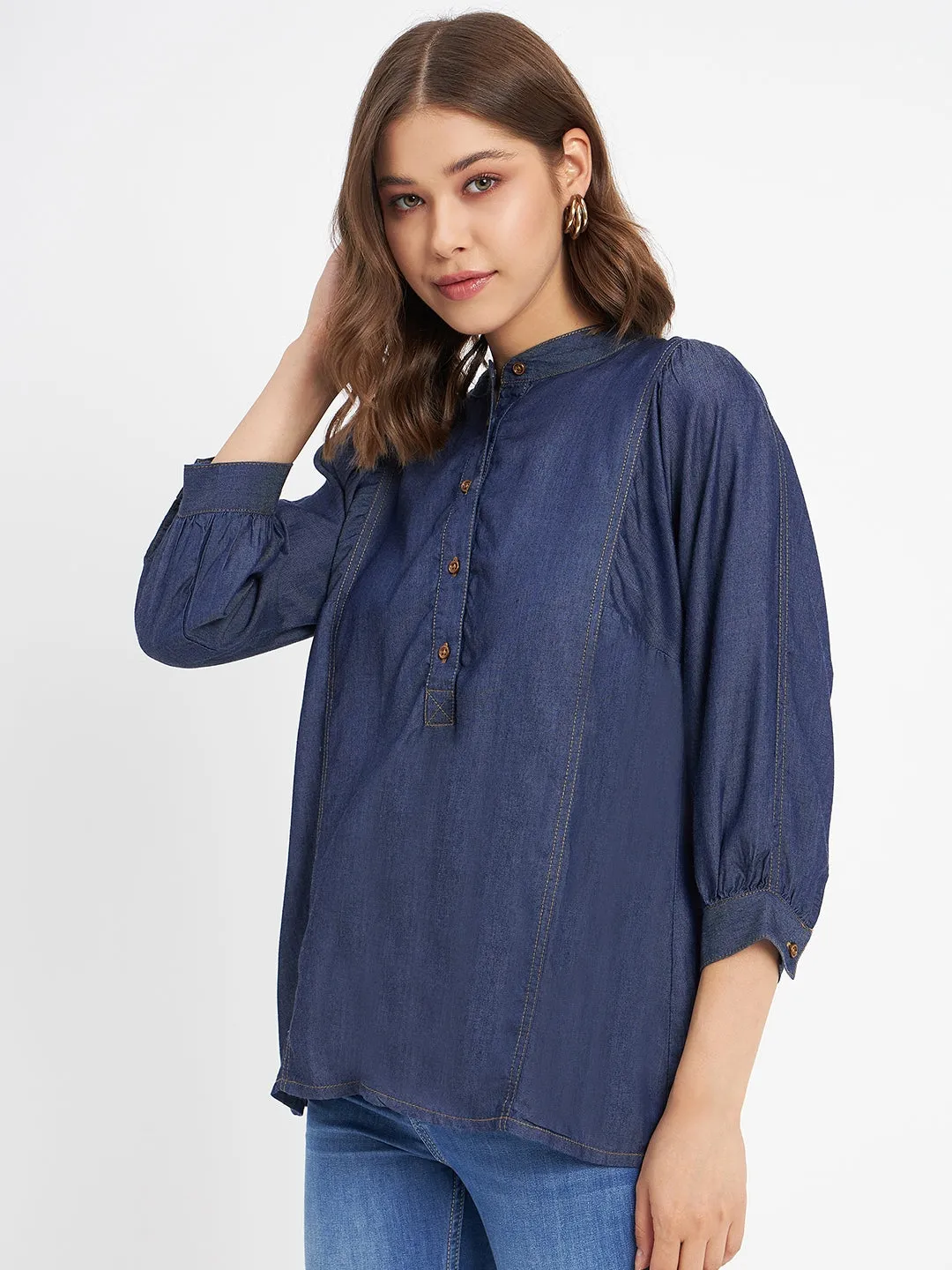 Madame Button-Down Front Solid Dark Navy Cotton Top Spark Glow