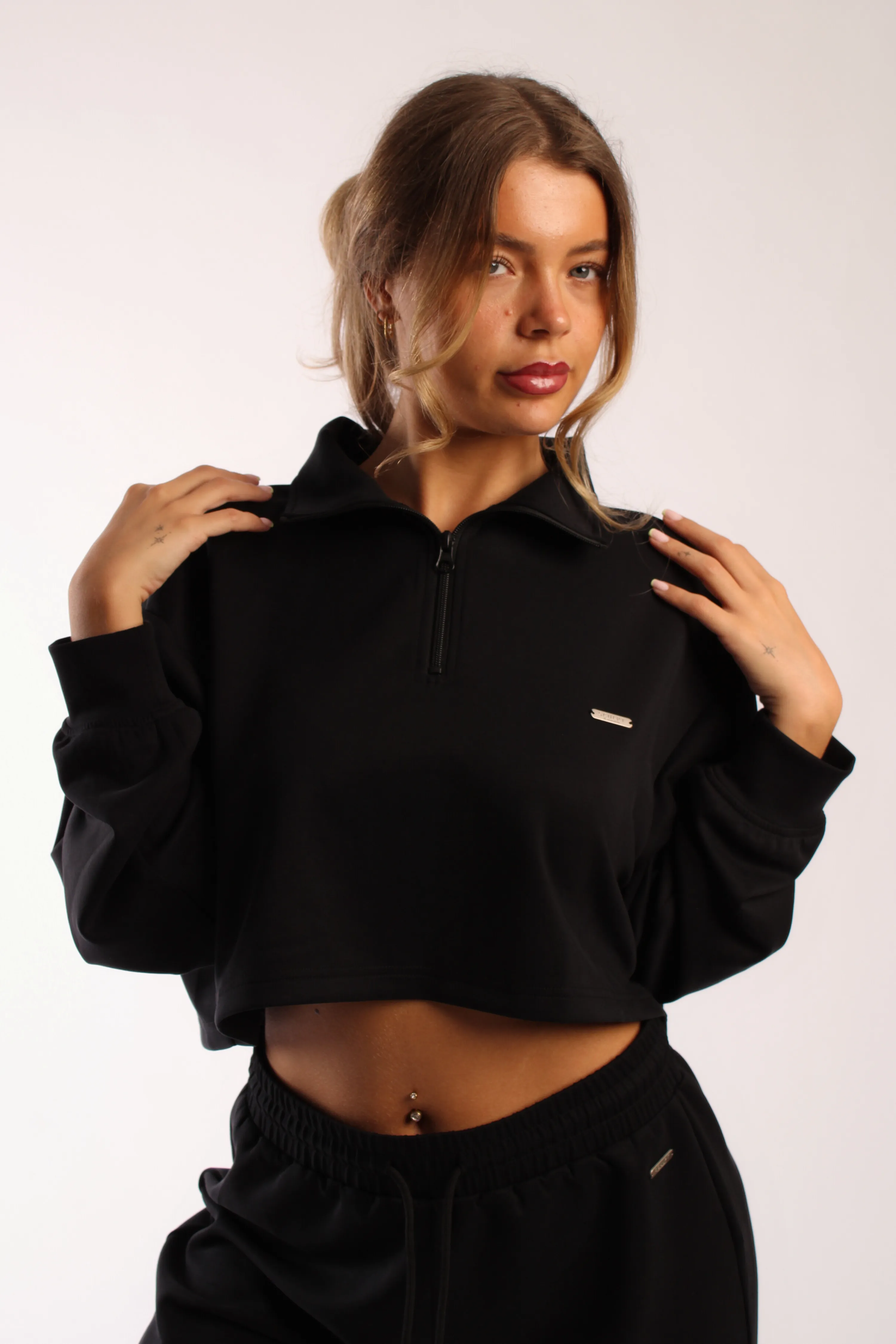 Quarter Neck Zip Light Weight Oversized Cropped Top Black DurableCoverstitch