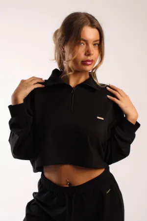 Quarter Neck Zip Light Weight Oversized Cropped Top Black DurableCoverstitch