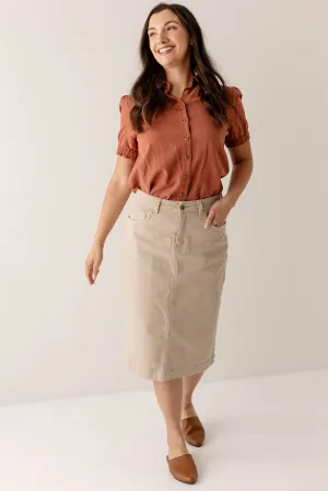 Foldable Design Quick Dry Technology 'Leah' Knee Length Stretch Denim Skirt in Khaki Belted Waist