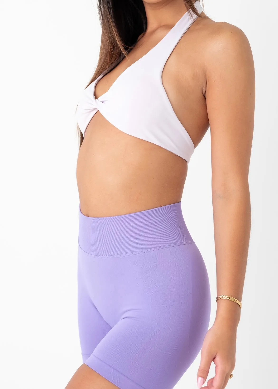 TWIST HALTER BRA - ICY LILAC Front Zip Closure