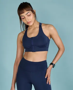 Women Mid Impact Zip Sports Bra with Removable Pads Water-resistant seams Pre-workout preparation