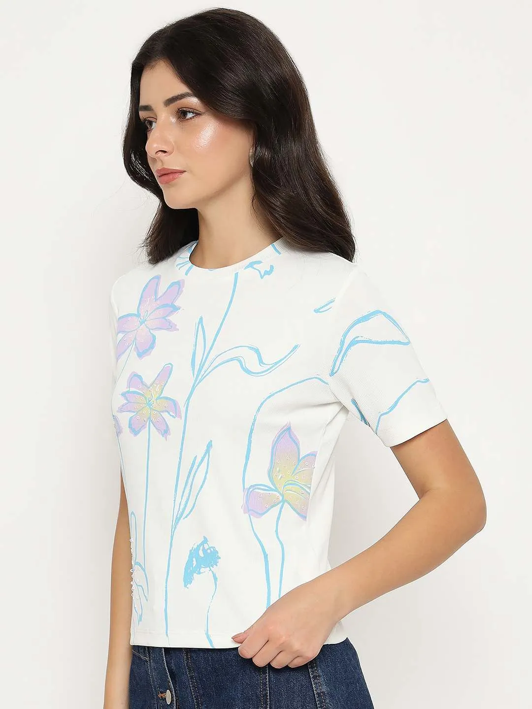 Madame Floral Print Sequin Detailed White T-Shirt Quick Wear Minimalist purity