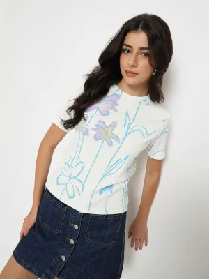 Adaptable Silk combination Madame Floral Print Sequin Detailed White T-Shirt