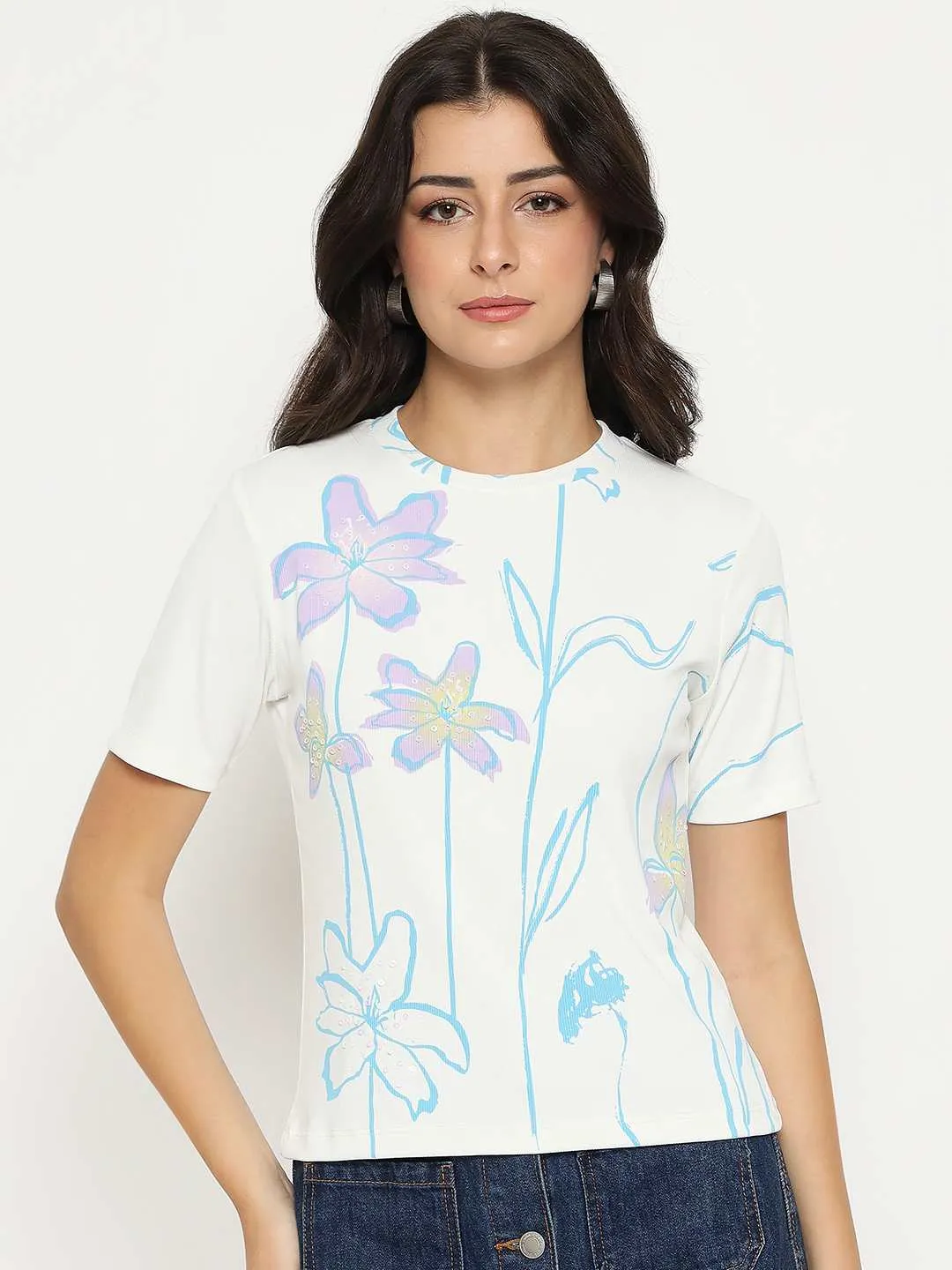 cycling outfit Vegan Madame Floral Print Sequin Detailed White T-Shirt