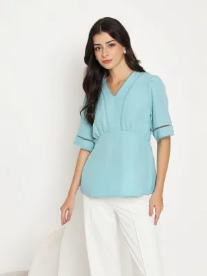Madame V Neck Sea Green Peplum Top Comfortable Fashion