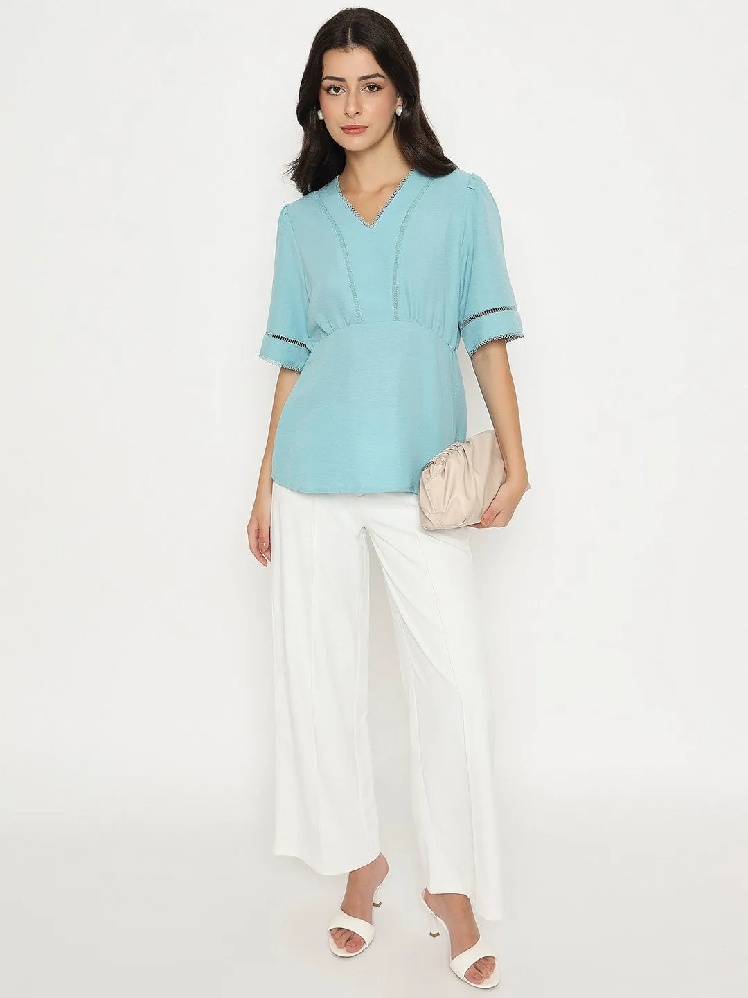 Madame V Neck Sea Green Peplum Top DoubleLayeredEdging