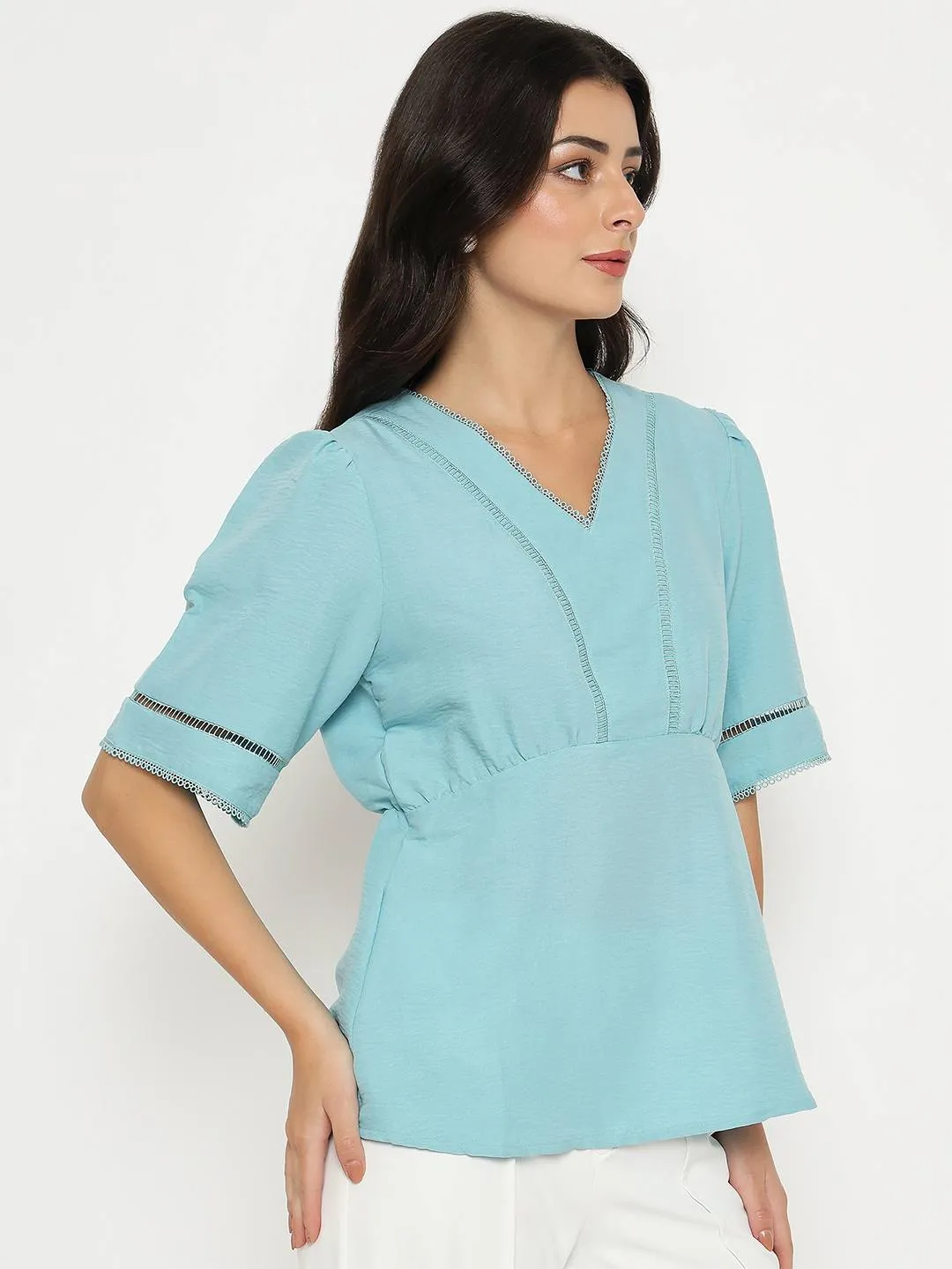 Future Glow Model Glow Madame V Neck Sea Green Peplum Top