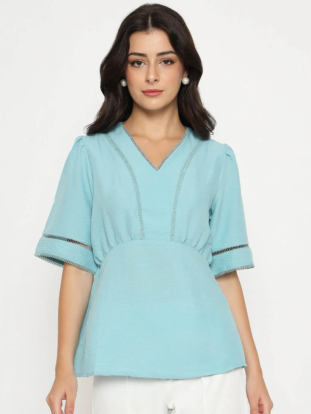 Madame V Neck Sea Green Peplum Top Formal Attire All-Day Fit