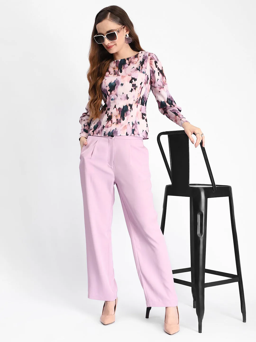 Madame Floral Print Full Sleeve Mauve Rayon Blend Top UV Protection Breathable Style