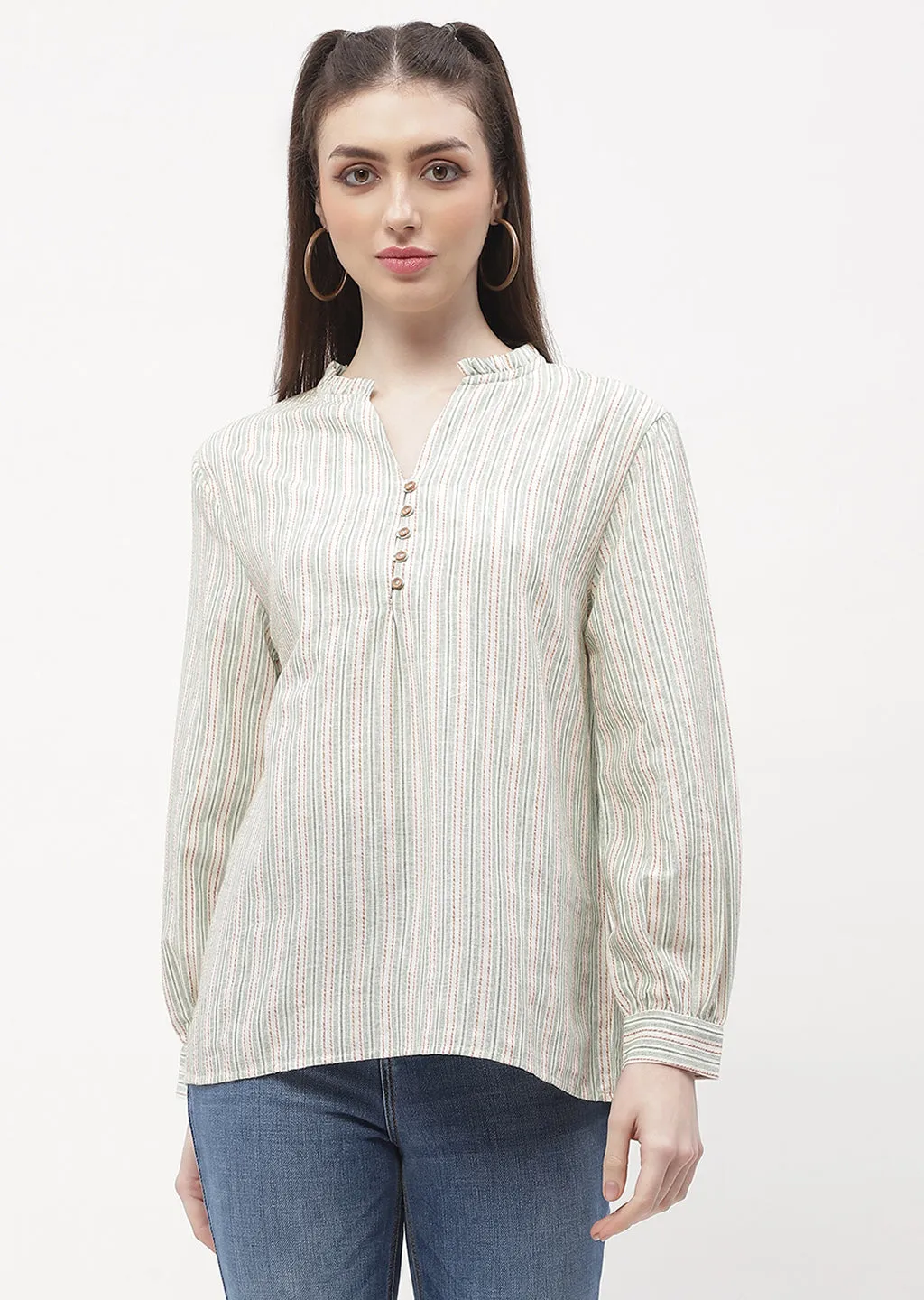 MinimalistStyle Madame Ruffle Mandarin Collar Green Striped Top