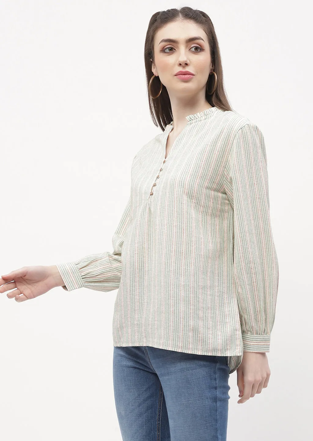Madame Ruffle Mandarin Collar Green Striped Top Casual Sweater