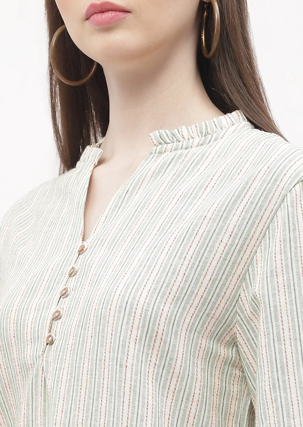 Tulle Soul Nature Base Madame Ruffle Mandarin Collar Green Striped Top