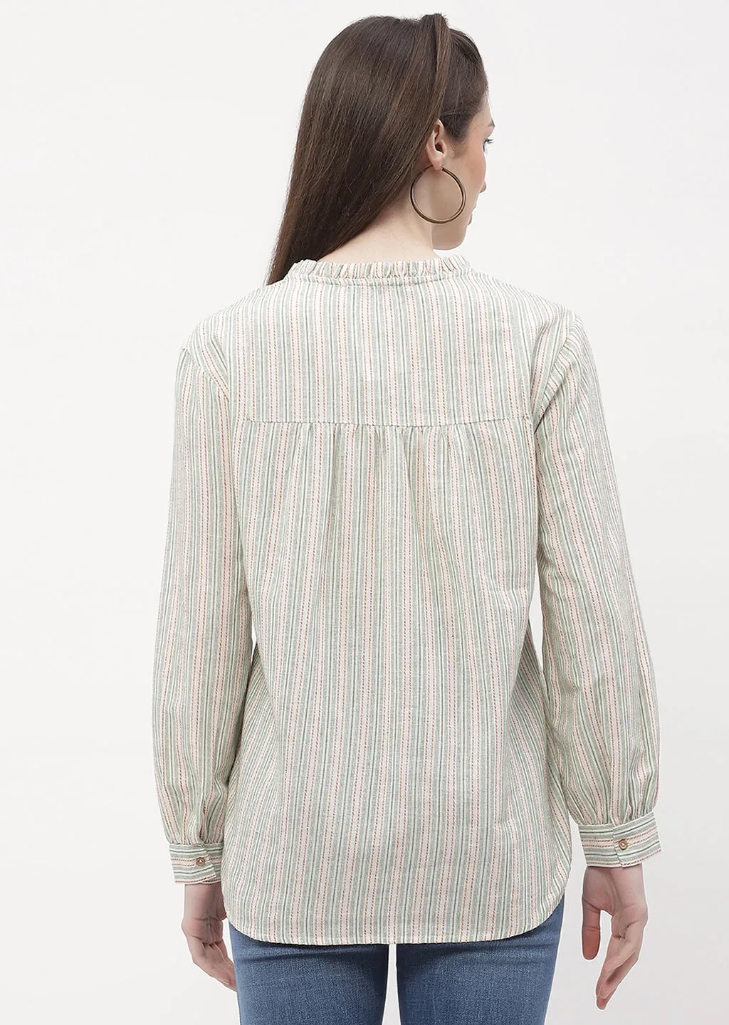 Madame Ruffle Mandarin Collar Green Striped Top StaticResistant