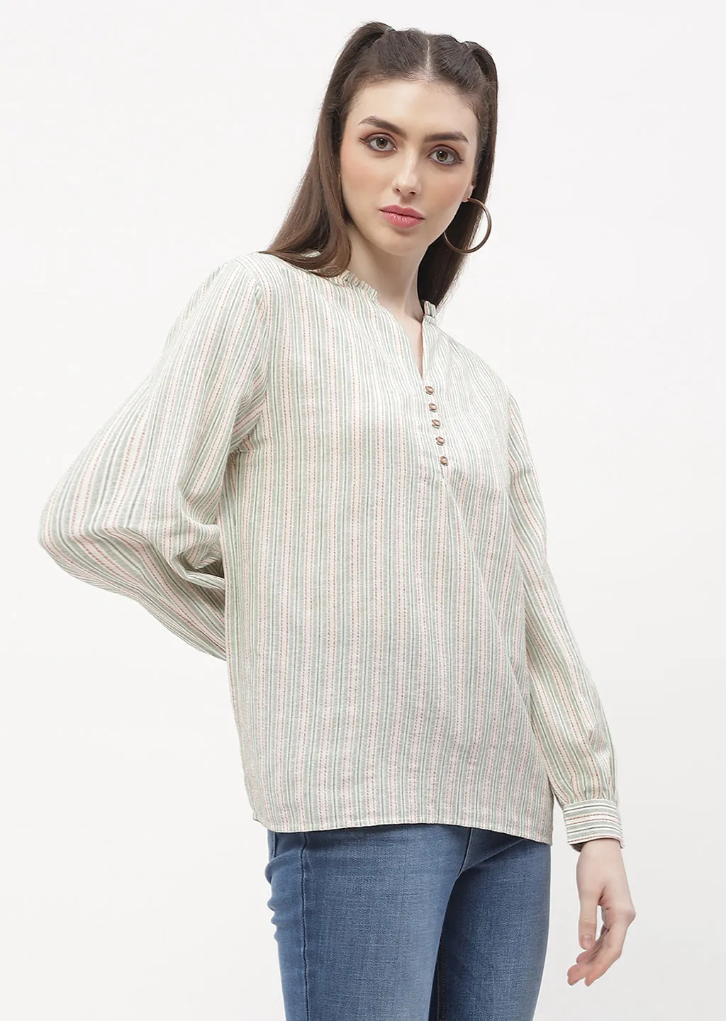 Classic Sweater Madame Ruffle Mandarin Collar Green Striped Top