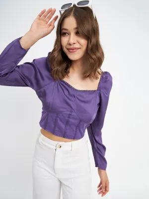 Madame Embellished Detail Corset Style Purple Top Relaxed Blouse