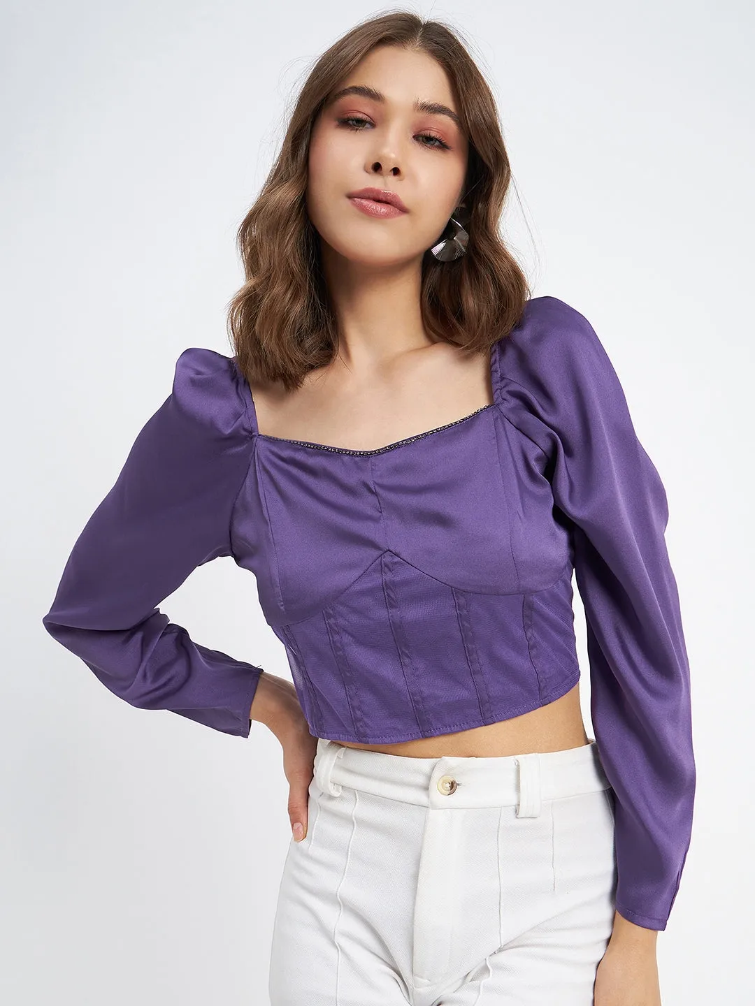 Madame Embellished Detail Corset Style Purple Top Translucent Soul