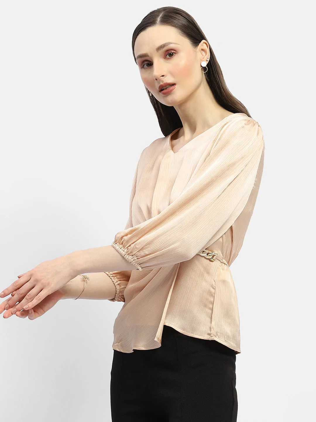 Push Edge Madame Peasant Sleeve Golden Chain Adorned Top