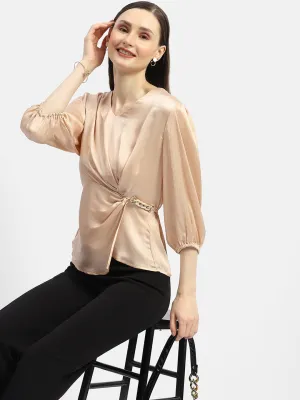Heavy Silk Madame Peasant Sleeve Golden Chain Adorned Top