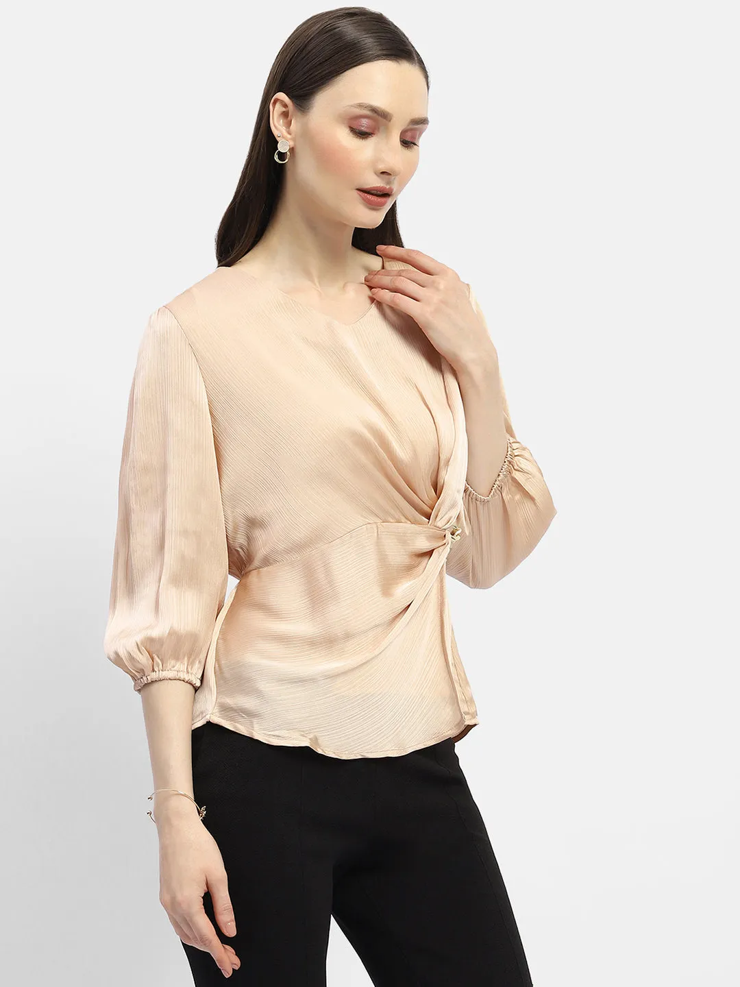 Net Fit Madame Peasant Sleeve Golden Chain Adorned Top