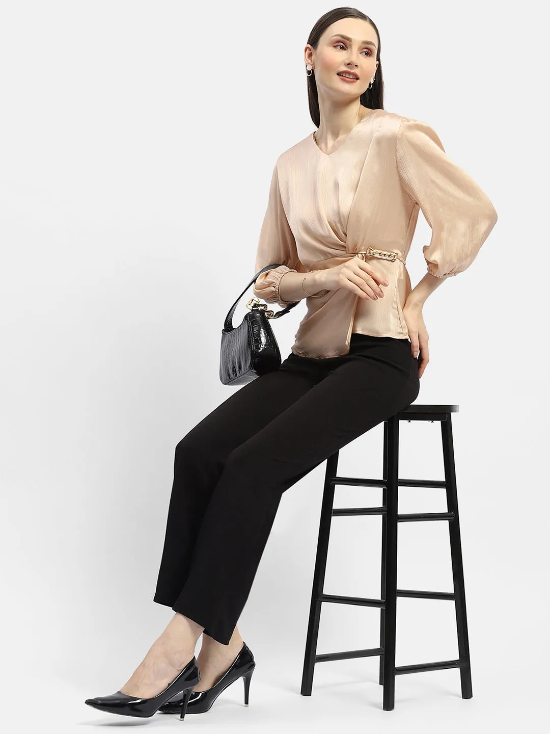 Prince Core Transitional Fashion Madame Peasant Sleeve Golden Chain Adorned Top