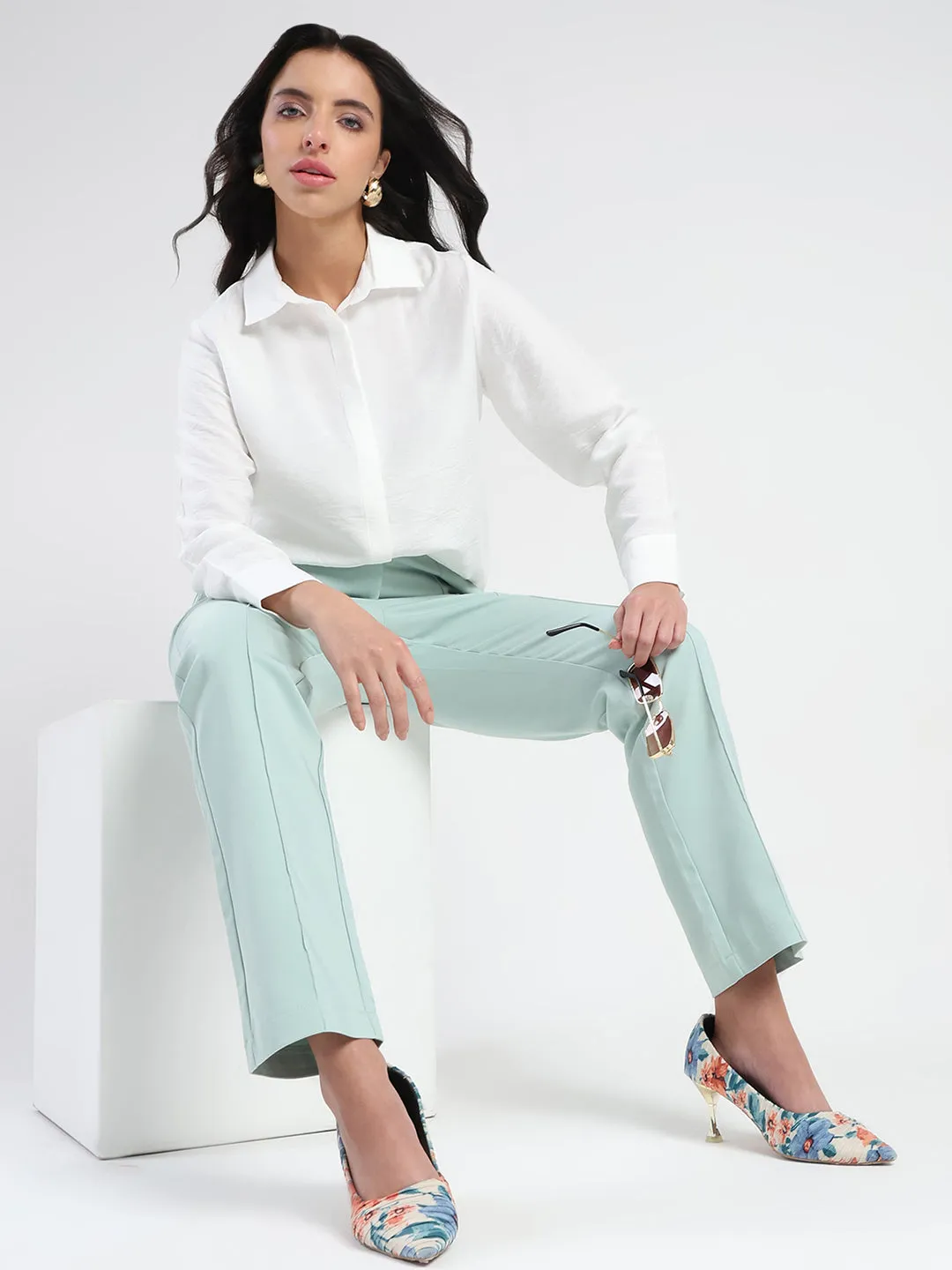 Madame Alex Front Pintuck Detailed Mint Green Trousers Low Bulk Design Everyday Layer