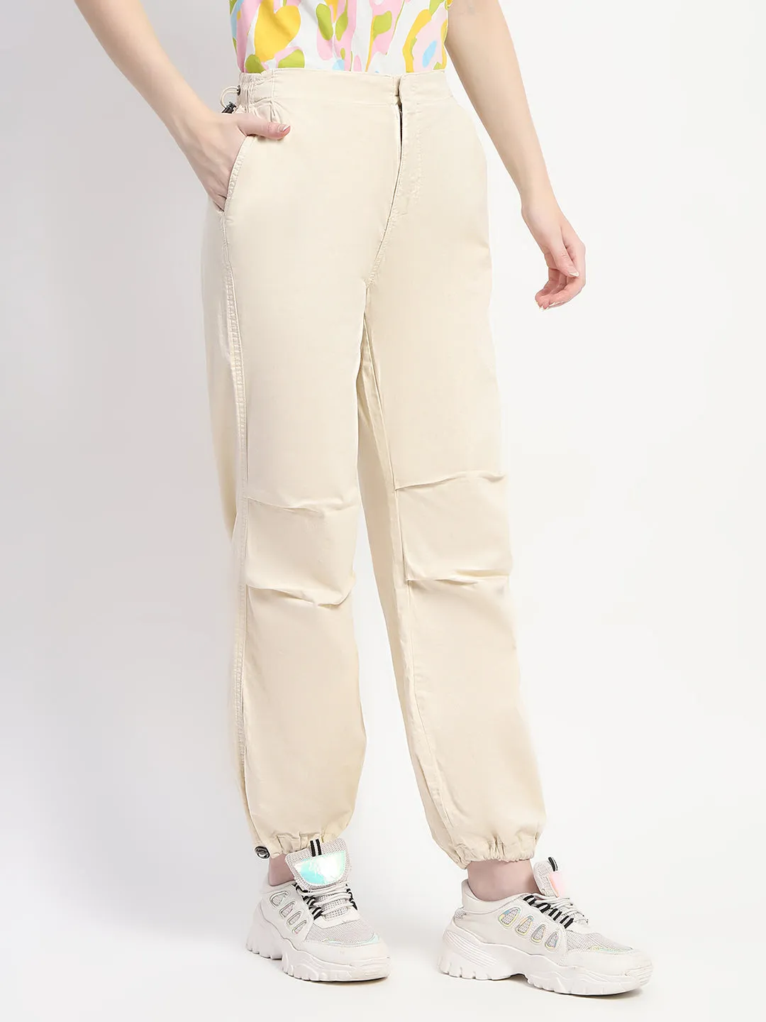 Madame Relax Fit Off White Cotton Joggers Double Needle Stitching