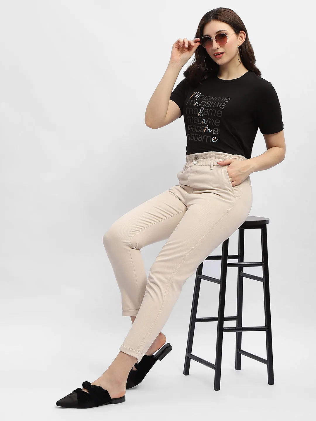 Madame Ruched Waistband White Trousers Easy Care Fabric Finish