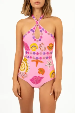 Lightweight Weave Wave Defying Clasp Sirena Cross Over Swimsuit in Pink New York Print