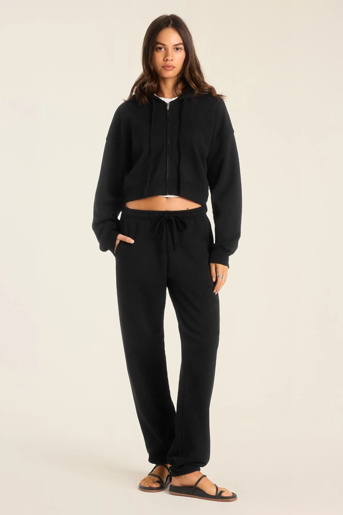 Layer Chic Dawn Crop Hoodie - Black French Terry