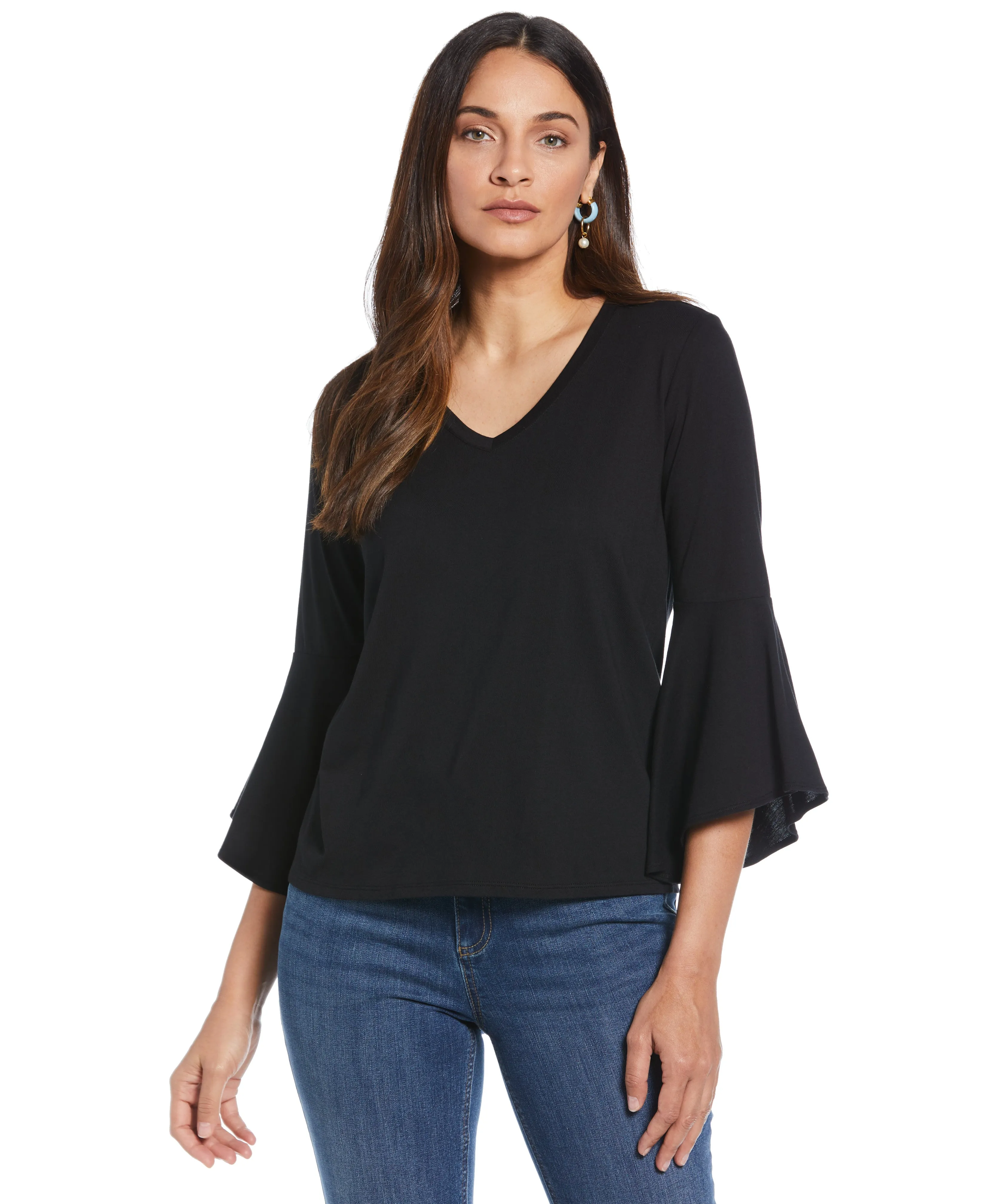 Knit V-Neck Ruffle Sleeve Top VentilatedMesh