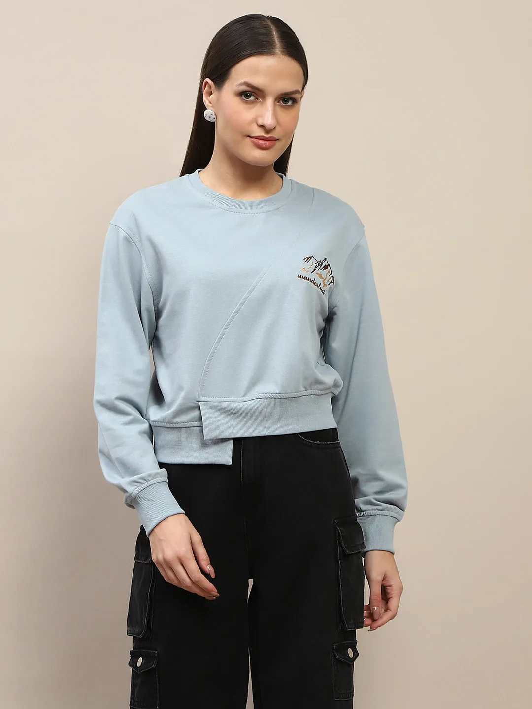 Cycling wear Madame Cotton Embroidery Detailed Light Sky Crop Sweatshirt